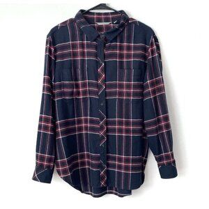 Athleta Plaid Lumberjill Flannel Top Womens Large Petite Navy Blue Long Sleeve